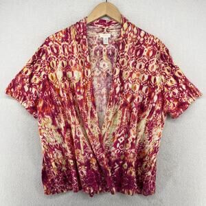 CHICOS Cardigan 4 2XL Open Front Short Sleeve Geometric Sweater Top Cotton Pink